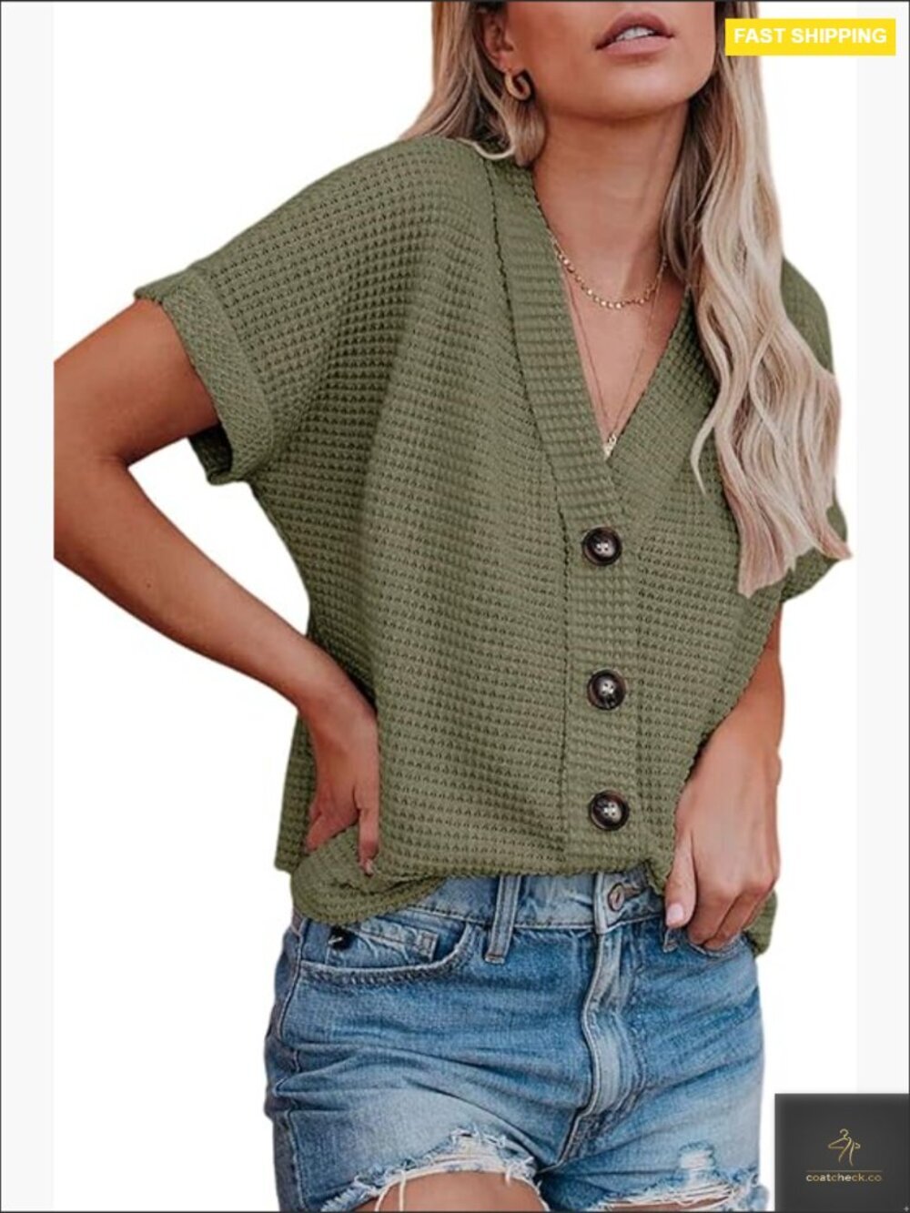 Waffle Knit Button Down Shacket Casual V Neck Short Sleeve Dressy Blouse Top
